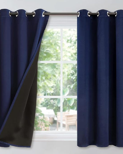 YoungsTex 100% Blackout Curtains Thermal Insulated Grommet Top Total Blackout Window Curtains for Bedroom with Black Back, 2 Panels, Navy, 42 x 45 Inch
