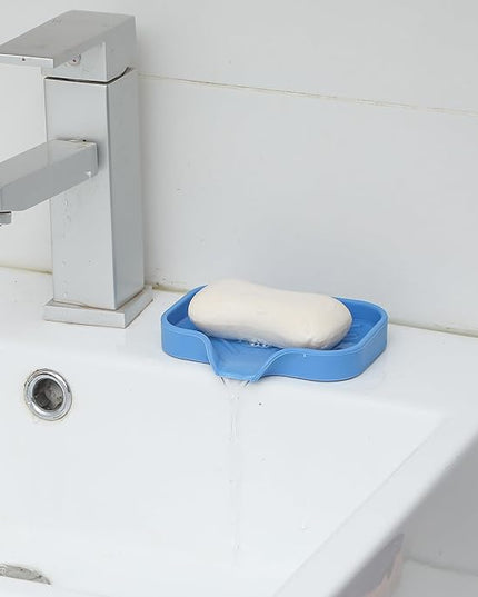 Silicone Bathroom Soap Dishes with Drain Spout-Bathroom and Kitchen Sink Organizer,Sponge Holder,Dish Soap Tray,Perfect for Dispenser,Scrubber,Bottle,Cup on Counter Lichen Blue 4.9"×3.2"
