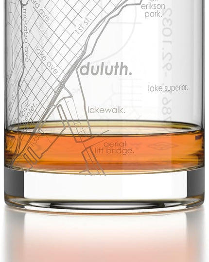 Well Told Engraved Duluth Minnesota Map Rocks Glass, Old Fashioned Glassware (11 oz, Clear) Etched Bourbon Tumbler, Gifts For Whiskey Lovers