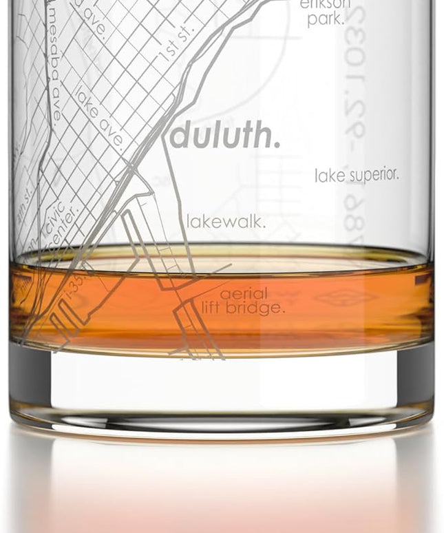 Well Told Engraved Duluth Minnesota Map Rocks Glass, Old Fashioned Glassware (11 oz, Clear) Etched Bourbon Tumbler, Gifts For Whiskey Lovers
