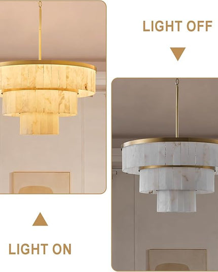 D34.3 Round Alabaster Chandelier, 3-Tier Brass Marble High Ceiling Chandeliers, Modern Dining Room Chandeliers Living Room Light for Entryways, Foyer, Stair, Kitchen Gold(Include Bulbs)