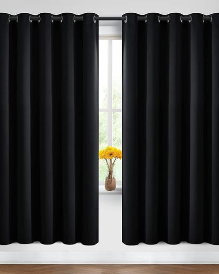 Yakamok Blackout Curtains Room Darkening Thermal Insulated Window Panels,Solid Grommet Top Drapes for Bedroom/Living Room(62Wx72L, Black, 2 Panels)