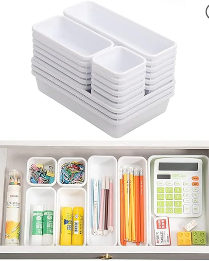 BOPART 25pcs Drawer Organizer Trays for Makeup Jewelries or Gadgets Storage Bins Interlocking for Office, Bedroom Dresser, Bathroom Vanity, Kitchen Junk Drawers Organization - White