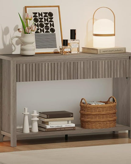 BON AUGURE Console Table with Storage, Entryway Table with Drawers, 47In Couch Tables Behind Sofa, Sofa Tables with Two-Tier Shelf for Living Room, Hallway, Front Door, Greige Oak