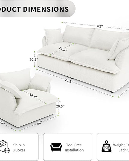 Cloud Modular Sectional Sofa Couch, Loveseat with Armchair Convertible Sectional Couch, Down Feather Fill Sofa, Completely Removable Cover, Corner Sofa for Living Room, Office,Cream White