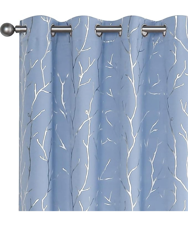 BUHUA Black Out Curtains 72 Inch Long 2 Panels, Soundproof Curtains with Elegant Silver Tree Branches Print, Heat Blocking Curtains for Livingroom, 38W x 72L, Baby Blue