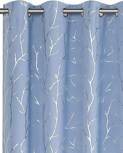 BUHUA Black Out Curtains 84 Inch Long 2 Panels, Soundproof Curtains with Elegant Silver Tree Branches Print, Heat Blocking Curtains for Livingroom, 66W x 84L, Greyish White