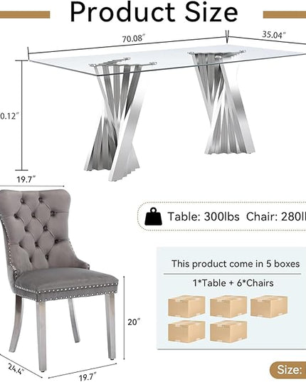 9 Piece Glass Dining Table Set,70" Dinner Room Glass Table Set for 8,Modern Kitchen Dinner Table Set with Stainless Steel Base and 8 Upholstered Velvet Dining Chairs for Living Dining Room