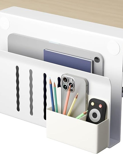 Desk Side Storage Under Desk Laptop Holder, No Drill Hanging Desk Organizer with Pen Holder, Clamp-On Table Side Tray Desktop Organization Mount for Office and Home (White)