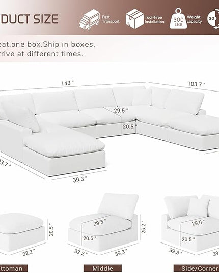 246.7" Oversized Cloud Modular Sectional Sofa,8 Seat Down Filled Sofa,Comfy Deep Seat Couch with Reversible Chaise & Cushions,Couch Cover Washable and Replaceable,White
