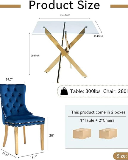 Glass Dining Table Set for 2, Square 36" Dining Table with Gold Cross Metal Leg, 2 Blue Velvet Dining Chairs with Stainless Steel Legs, Modern Glass Kitchen Table and Chairs Set for Small Space