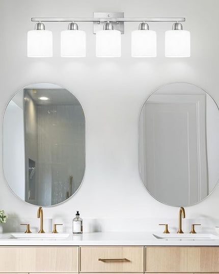 5 Light Bathroom Light Fixtures Brushed Nickel, Bathroom Vanity Light with Milky White Frosted Glass Shade, Vanity Lights for Mirror Bedroom Living Room E26 Base