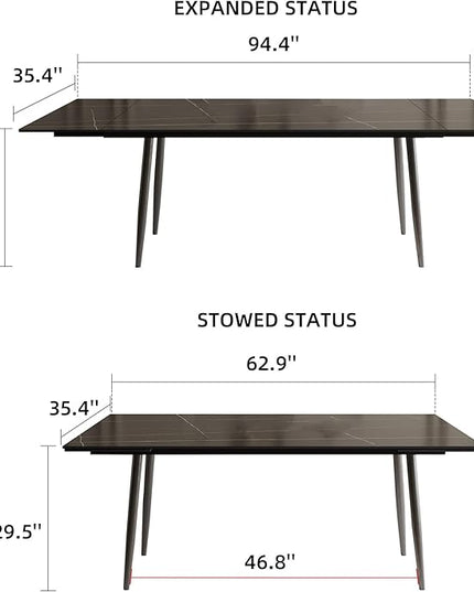 Extendable Dining Table (62.9" to 94.4") for 6 to 10 - Modern Rectangular Sintered Stone Table with High Hardness and Easy Maintenance - Stylish Black