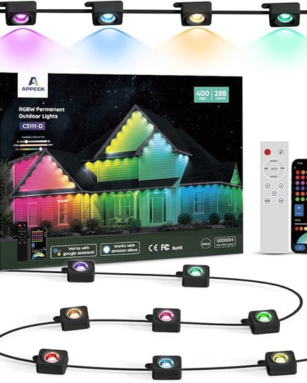 APPECK Permanent Outdoor Lights 400ft with 288 LED Lights, 144W Smart RGBW Eaves Lights,DC 36V, 40LM, IP67 Waterproof String Lights for Christams, Party Decor, Compatible with Alexa, Black