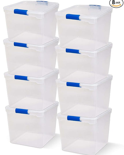 HOMZ 8-Pack Secure Latch, Clear Plastic Storage Organizer Bins, 31 Quart, Blue Latches - Stackable Container Boxes for Bedroom, Bathroom, Garage, and Office Organization