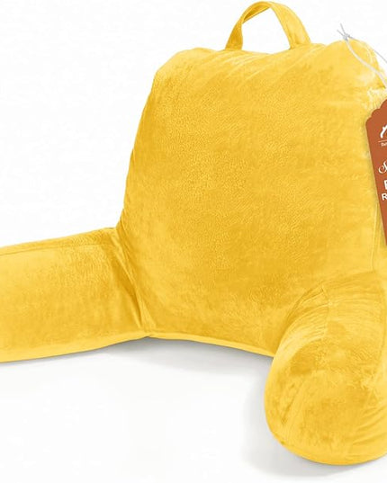 Sasttie Reading Pillow, Velvet Back Pillow for Bed Sitting Up, Adult Back-Rest Support Cushion with Arms for Sit Up on Couch, Sofa, and Floor, Dorm Essentials, Reading Accessories, Yellow