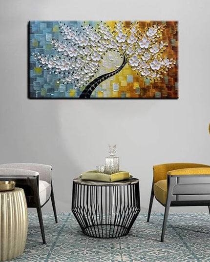 YaSheng Art -100% HandPainted Oil Painting On Canvas Texture White 3D Flower Tree Paintings Abstract Canvas Wall Art Home Bedroom Dining Room Living Room Modern Wall Decor Art Ready to hang 24x48inch