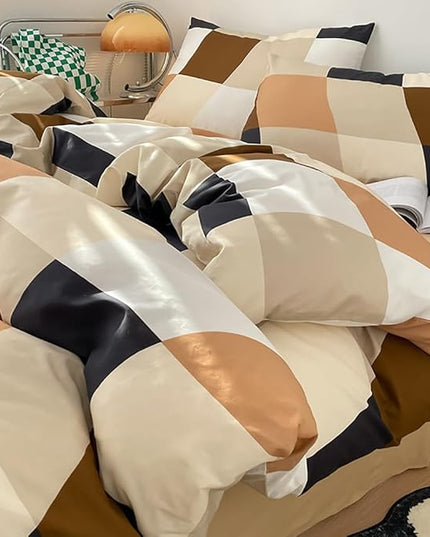 Hosueri Black Brown Plaid Comforter Set California King Muliticolor Grid Bedding Quilt Cal King 3 Pieces Warm Soft Comfy Beige Cream Orange Diamond Check Distorted Bed Comforter Blankets Cal King Size