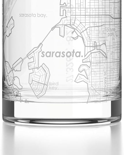 Well Told Engraved Sarasota Florida Map Rocks Glass, Old Fashioned Glassware (11 oz, Clear) Etched Bourbon Tumbler, Gifts For Whiskey Lovers