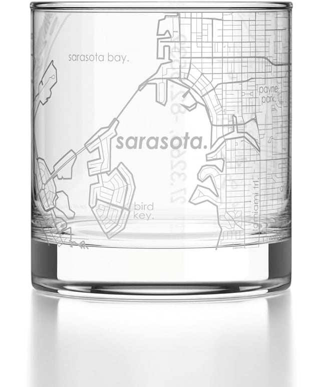 Well Told Engraved Sarasota Florida Map Rocks Glass, Old Fashioned Glassware (11 oz, Clear) Etched Bourbon Tumbler, Gifts For Whiskey Lovers