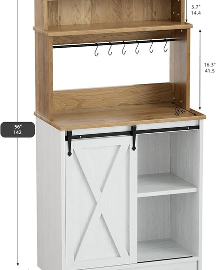 Farmhouse Coffee Station with 3 Tier Storage Hutch & 6 Hooks - 56 Inch Small Coffee Bar Table with Adjustable Shelves for Living/Dining Room