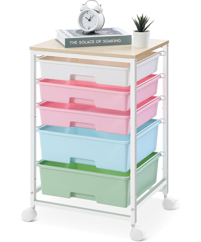 Utility Cart with 5 Drawers,Storage Drawer Cart with Wooden Tabletop and Lockable Wheels,Craft Storage Trolley Cart,5-Tier Rolling Utility Cart on Wheels,Rainbow