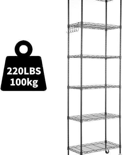 Himimi 6-Tier Storage Shelf Units, Adjustable Wire Shelving with Wheels, Metal Shelves with Stainless Side Hooks, Free Standing Shelving for Laundry Bathroom Kitchen Pantry Closet, Black
