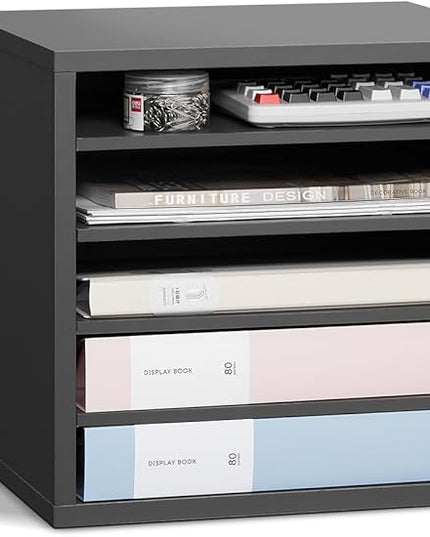VEVOR Literature Organizer, 5 Compartments Office Mailbox with Adjustable Shelves, Wooden Mailbox Sorter Medium Density Fiberboard Office Home Classroom Storage for Files, Documents, Papers, Grey
