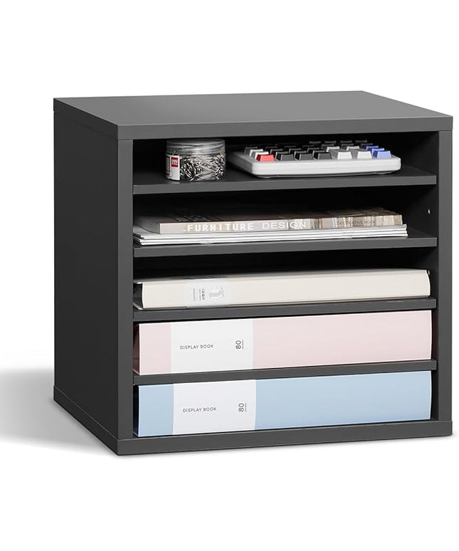 VEVOR Literature Organizer, 5 Compartments Office Mailbox with Adjustable Shelves, Wooden Mailbox Sorter Medium Density Fiberboard Office Home Classroom Storage for Files, Documents, Papers, Grey