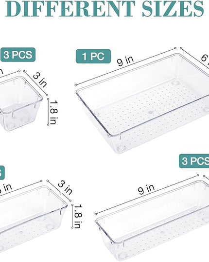 10 PCS Drawer Organizer Set,4 Varied Size Bathroom and kitchen Drawer cabinet organizer Trays, Clear Storage Bins for Makeup, Jewelry, Utensils and Gadgets