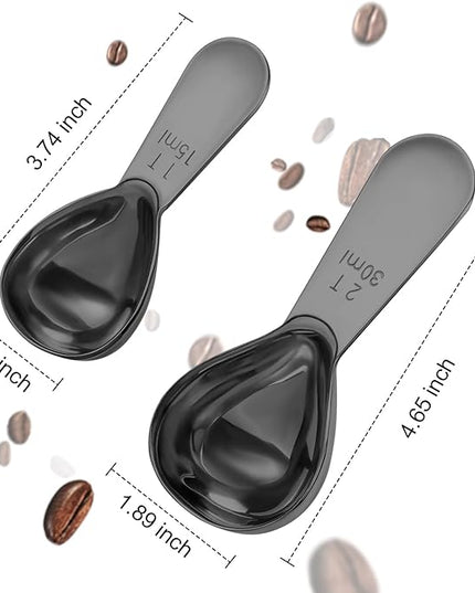 Stainless steel coffee scoop 2-piece set (1 tbsp, 2 tbsp) durable Tablespoon, ergonomic measuring spoon, Suitable for small and large jars，short-handled spoon (Black)