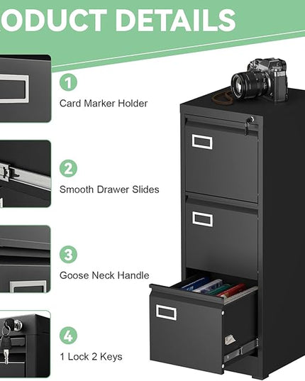 File Cabinet,3 Drawer Filing Cabinet with Lock,Metal Filing Cabinets for Home Office,School,Vertical File Cabinets for Letter/Legal/A4/F4 Size,Assembly Require,Black