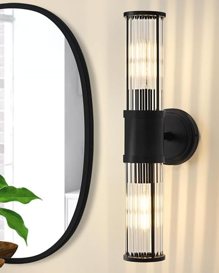 Black Wall Sconce Bathroom Vanity Light Fixtures for Mirror, Modern Wall Light with Glass Rod Shade for Bathroom, Bedroom, Hallway, Living Room - Bulb Not Included