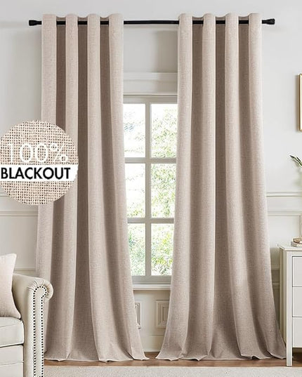 MIULEE 100% Blackout Linen Textured Curtains for Bedroom Solid Thermal Insulated Natural Beige Grommet Room Darkening Curtains & Drapes Luxury Decor for Living Room Nursery 52 x 132 Inch (2 Panels)