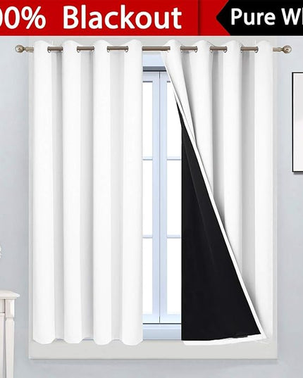 Yakamok Pure White 100% Blackout Curtains for Bedroom, Thermal Insulated Grommet Total Blackout Drapes with Black Liner for Living Room, 52W x 45L, 2 Panels
