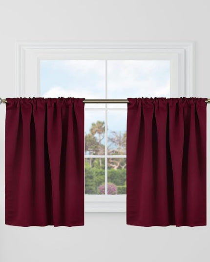 BGment Burgundy Balckout Curtains 36 Inch Length for Half Windows - 34 x 36 inch Rod Pocket and Back Tab Thermal Insulated Room Darkening Short Curtains for Cafe, 2 Panels, Burgundy Red