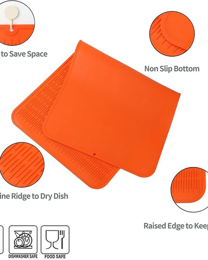 Silicone Dish Drying Mat for Multiple Usage,Easy clean,Eco-friendly,Heat-resistant Silicone Mat for Kitchen Counter or Sink,Refrigerator or Drawer Liner Orange 5XL 36inches x 18inches