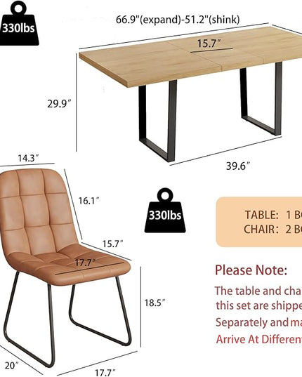 ZckyCine 7-Piece Modern Dining Set, 67" Expandable Oak Dining Table with 6 Brown Faux Leather Upholstered Chairs, Extendable Kitchen Table Set for 6, Scratch-Resistant, Easy Assembly