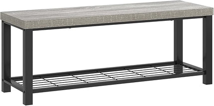 FOLUBAN Entryway Bench, Rustic Wood and Metal Shoe Storage Bench for Hallway Front Door Entrance, Industrial Indoor Bench for Bedroom Living Room, 43.3 Inch Light Grey