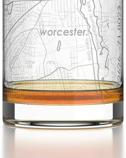 Well Told Engraved Worcester Massachusetts Map Rocks Glass, Old Fashioned Glassware (11 oz, Clear) Etched Bourbon Tumbler, Gifts For Whiskey Lovers