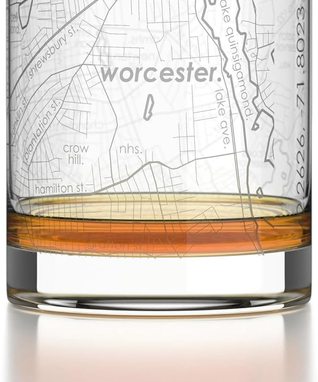 Well Told Engraved Worcester Massachusetts Map Rocks Glass, Old Fashioned Glassware (11 oz, Clear) Etched Bourbon Tumbler, Gifts For Whiskey Lovers