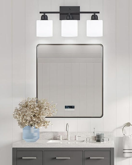 3-Light Bathroom Light Fixtures, Black Bathroom Vanity Lights with Milky White Frosted Glass Shades, Black Vanity Light for Bathroom Mirror, Bedroom, Living Room, Vanity Table, E26 Base