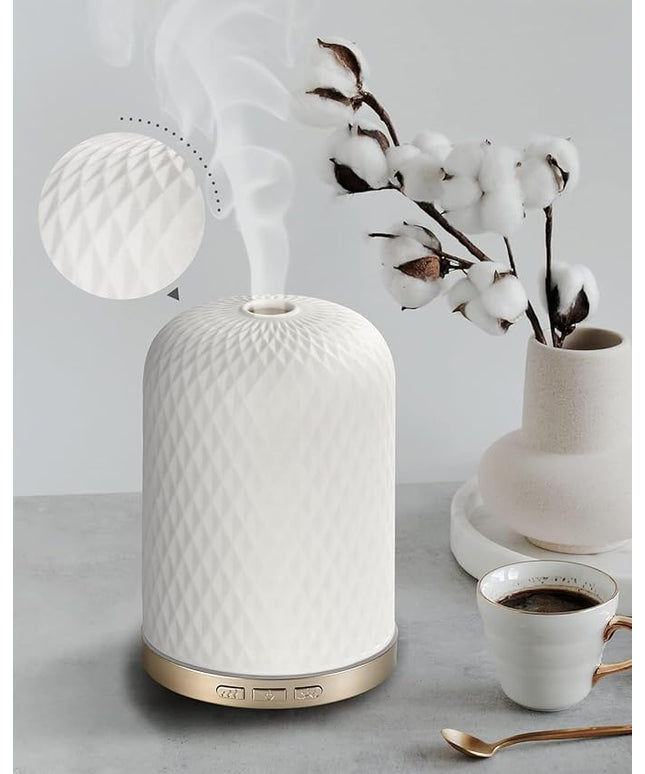 Essential Oil Diffuser,120ML 2.4MHz Ultrasonic Aromatherapy Diffusers for Essential Oils Large Room, Ceramic Diffusers Decorative Aroma Diffuser, Ideal Air Diffusers for Home, Room Decor, Yoga, White