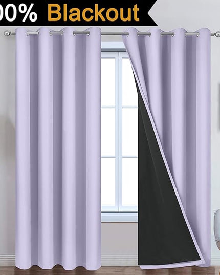 Yakamok 2 Thick Layers 100% Completely Blackout Window Curtains,Thermal Insulated Noise Reducing Drapes for Girl's Bedroom(52Wx90L, Lilac, 2 Panels)