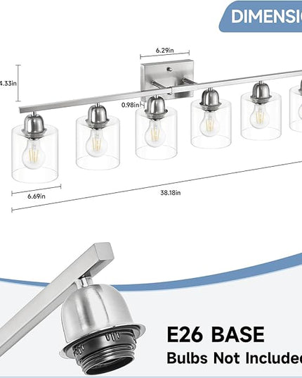 Modern Brushed Nickel 6 Light Bathroom Light Fixtures,38 inch Vanity Lights for Bathroom with Clear Glass, Vanity Light for Mirror Kitchen Living Room Hallway Cabinet Porch