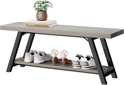 LVB Industrial Entryway Bench, Wood and Metal Storage Bench, Indoor Farmhouse Hallway Accent Entry Bench for Seating Sitting, Shoe Rack Organizer Cabinet in Foyer Bedroom, Light Grey Oak, 47 Inch Long