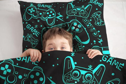 Sunnycitron Black Green Gamepad Gamer Comforter Set for Boys Gaming Bedding Set Teens Game Room Decor Full (1 Comforter + 2 Pillowcase)
