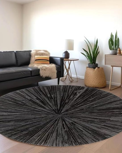 Round Leather Area Rug, Luxurious Cowhide Handmade Carpet, Natural Stripe Design Home Décor Floor Rug for Bedroom, Hallway, Living Room Rug, Color: Black, Size: 5X5 ft