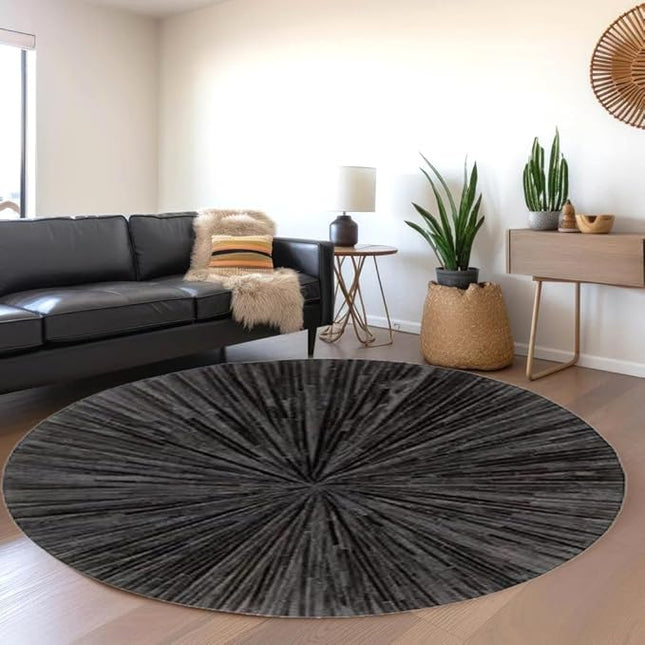 Premium Cowhide Leather Hand Made Stripes Patterned Round Area Rug - 8X8 ft - Black, Premium Hand Made House Carpet for Living Room, Bedroom, Entryway