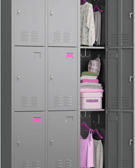 Aobabo New 9 Doors Metal Storage Locker for Employees, Lockable Steel Locker with Name Card Slot and 27 Hooks for School Office Gym Garage, Dark Grey, Assembly Required